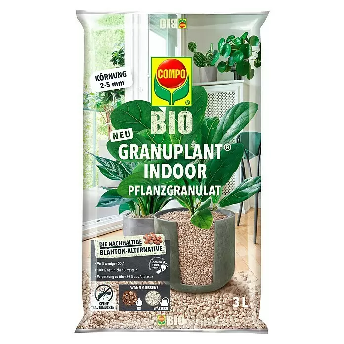 Compo Bio Pflanzengranulat Granuplant - 3 l - Transparenter Beutel mit hellem COMPO BIO Granuplant Indoor Bimsstein-Granulat (2-5 mm), nachhaltige Alternative für Zimmerpflanzen.