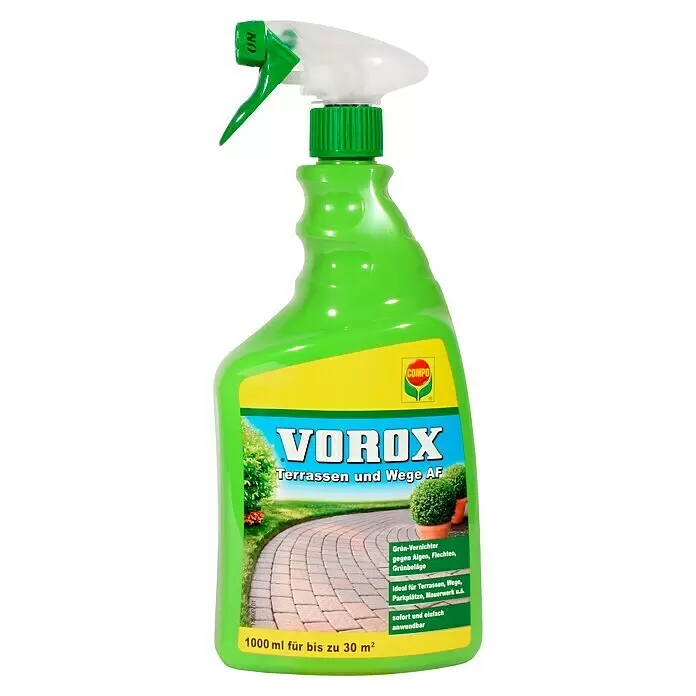 Compo Vorox Grünbelag-Entferner Terrassen & Wege AF - 1.000 ml - Grüne COMPO VOROX Sprühflasche (1000ml) für Terrassen- und Wege-Reiniger.