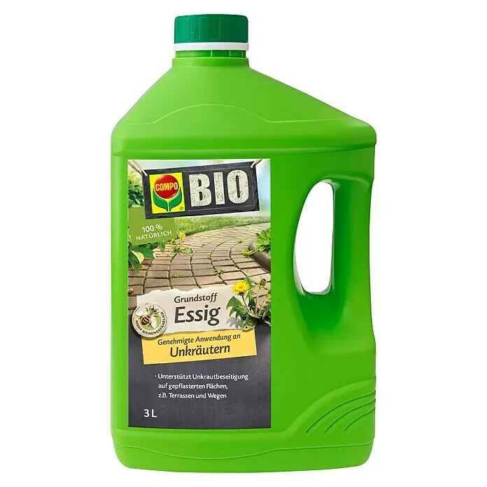 Compo Bio Grundstoff Essig - 3 l - Grüne Kunststoffflasche COMPO BIO Essig Unkrautvernichter für gepflasterte Flächen.