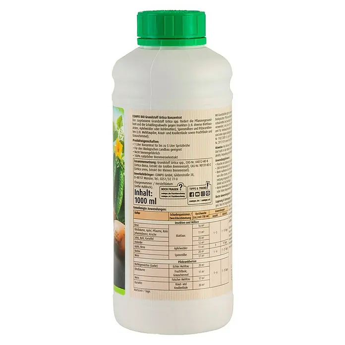 Compo Bio Grundstoff Brennnessel - 1 l - Nahaufnahme einer Flasche COMPO BIO Grundstoff Urtica Konzentrat, einem biologischen Pflanzenschutzmittel.
