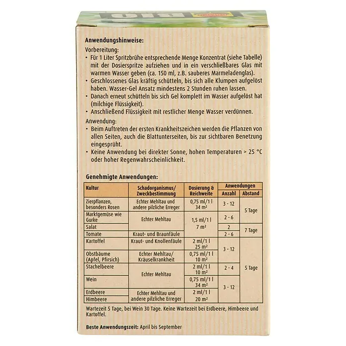 Compo Bio Grundstoff Lecithin - Nettovolumen: 50 ml - Informationen zur Anwendung und Dosierung des Produkts gegen Mehltau und andere Pilzkrankheiten auf verschiedenen Pflanzen.