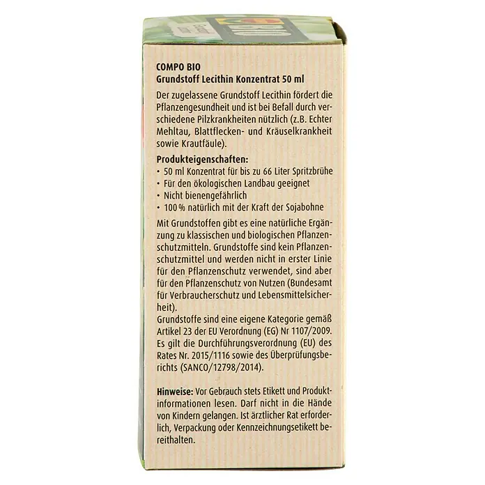 Compo Bio Grundstoff Lecithin - Nettovolumen: 50 ml - Produktverpackung von COMPO BIO Grundstoff Lecithin Konzentrat 50 ml zur Förderung der Pflanzengesundheit und nützlich bei Pilzkrankheiten.