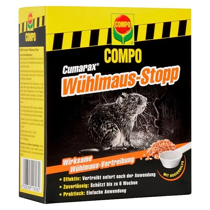 Compo Wühlmaus-Stopp Cumarax - 200 g - Gelb-schwarze Packung COMPO Cumarax Wühlmaus-Stopp mit Wühlmaus-Bild und Dosierhilfe. Verspricht sofortigen, lang anhaltenden Schutz.