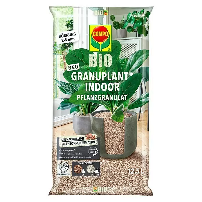 Compo Bio Pflanzengranulat Granuplant - 12,5 l - Transparente Tüte COMPO BIO Granuplant Indoor Granulat (12,5L) für Zimmerpflanzen. Helle Bimsstein-Alternative, reduziert CO2 und Trauermücken.