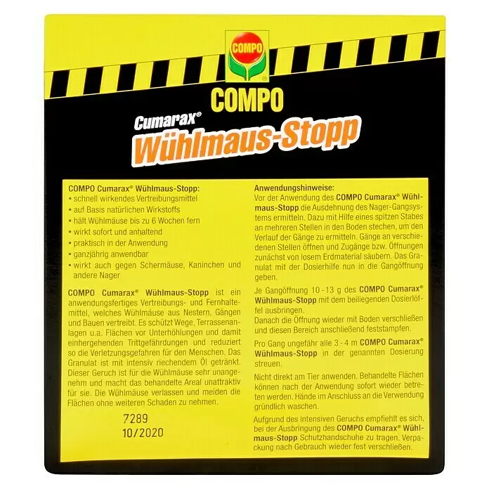 Compo Wühlmaus-Stopp Cumarax - 200 g - Schwarz-gelbe Verpackung für COMPO Cumarax Wühlmaus-Stopp, ein Wühlmaus-Vertreibungsmittel.
