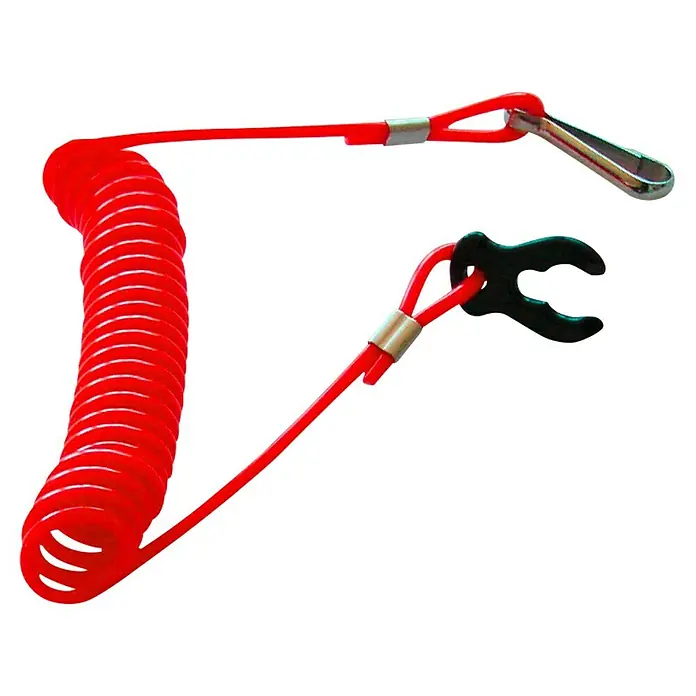 Notausschalter Quick-Stop - Spiralkabel mit Clip, Rot - Rote, spiralförmige Motorbootschnur mit einem Clip und Karabiner, die Sicherheit und Komfort auf dem Wasser gewährleisten.