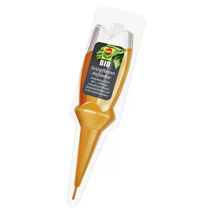 Compo Bio Flüssigdünger Grünpflanzen Aufbaukur - 30 ml, Geeignet für: Grünpflanzen - Transparente Ampulle mit goldener Flüssigdünger für Grünpflanzen, beschriftet 'COMPO BIO Grünpflanzen Aufbaukur', zum Einstecken ins Substrat.