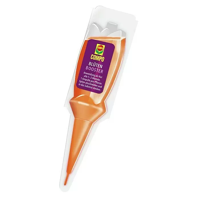 Compo Flüssigdünger Blüten Booster - 30 ml, Geeignet für: Blühpflanzen - Eine transparente, kegelförmige COMPO Blüten Booster Ampulle mit orangefarbener Flüssigkeit und lila Etikett.