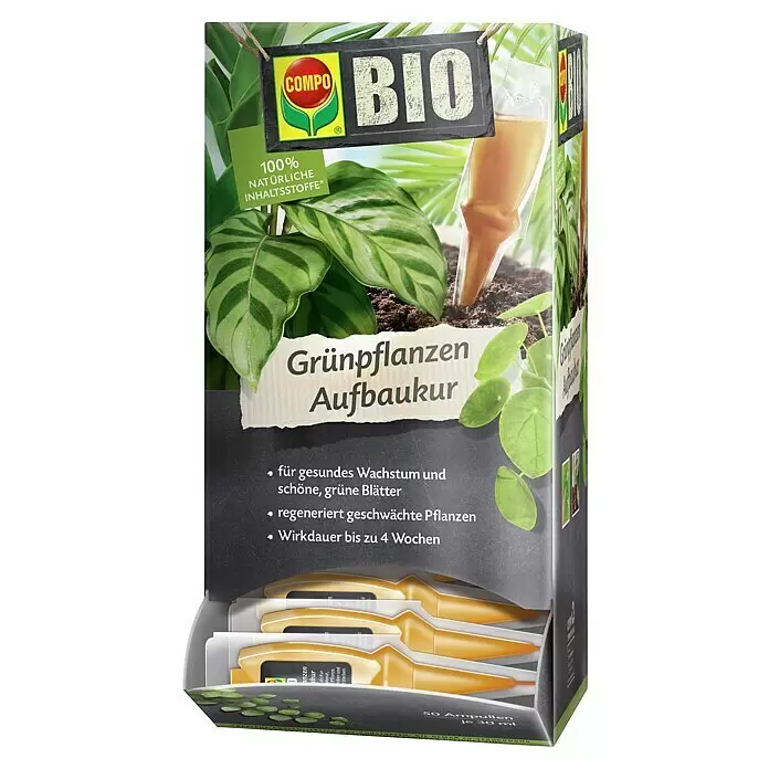 Compo Bio Flüssigdünger Grünpflanzen Aufbaukur - 30 ml, Geeignet für: Grünpflanzen - Grün-schwarze COMPO BIO Pflanzenkur-Displaybox mit 50 goldenen Ampullen.