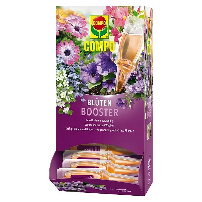 Compo Flüssigdünger Blüten Booster - 30 ml, Geeignet für: Blühpflanzen - Lila COMPO Blüten Booster Verkaufsdisplay mit 50 goldenen Blumen-Booster-Ampullen, oben mit Blumen und Ampulle in einer Pflanze.
