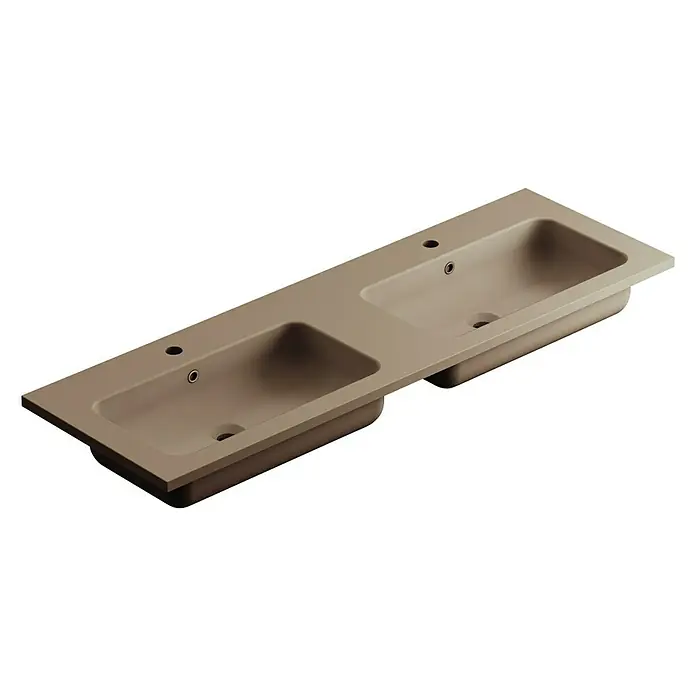 Lavabo doble Zeppelin - 140,5 x 45,5 cm, Orificios para grifo: Medio, Cacao - Encimera de lavabo doble beige moderna con dos lavabos y orificios para grifos para un diseño elegante.