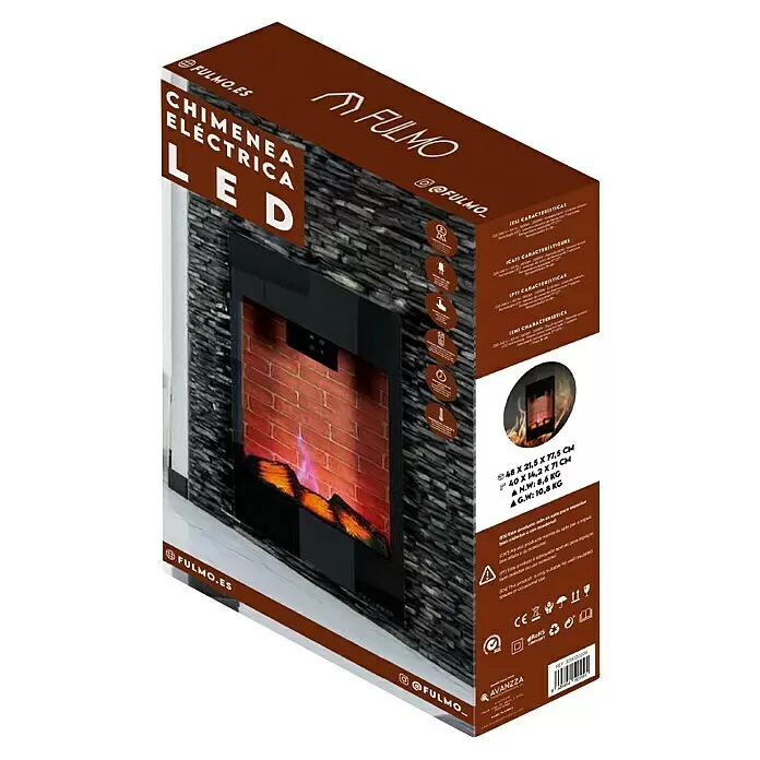 Fulmo Chimenea eléctrica LED - Negro, 1.800 W - 2.000 W, 14,2 x 40 x 71 cm - Embalaje de chimenea eléctrica LED con marco negro, revestimiento de piedra y llamas realistas.