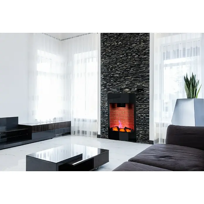 Fulmo Chimenea eléctrica LED - Negro, 1.800 W - 2.000 W, 14,2 x 40 x 71 cm - Un espacio habitable moderno con una elegante chimenea negra que añade un toque de elegancia y calidez al ambiente.