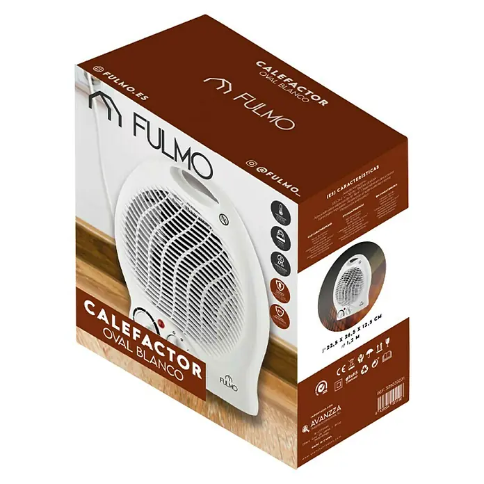 Fulmo Calefactor de aire Oval - 1.800 W, Blanco - Embalaje del producto del calefactor Fulmo Oval Blanco, con imagen del producto, logotipo y detalles técnicos.