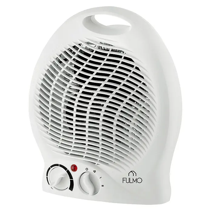 Fulmo Calefactor de aire Oval - 1.800 W, Blanco - Primer plano de un calefactor Fulmo blanco con rejilla de ventilación y controles, ideal para calentar espacios.