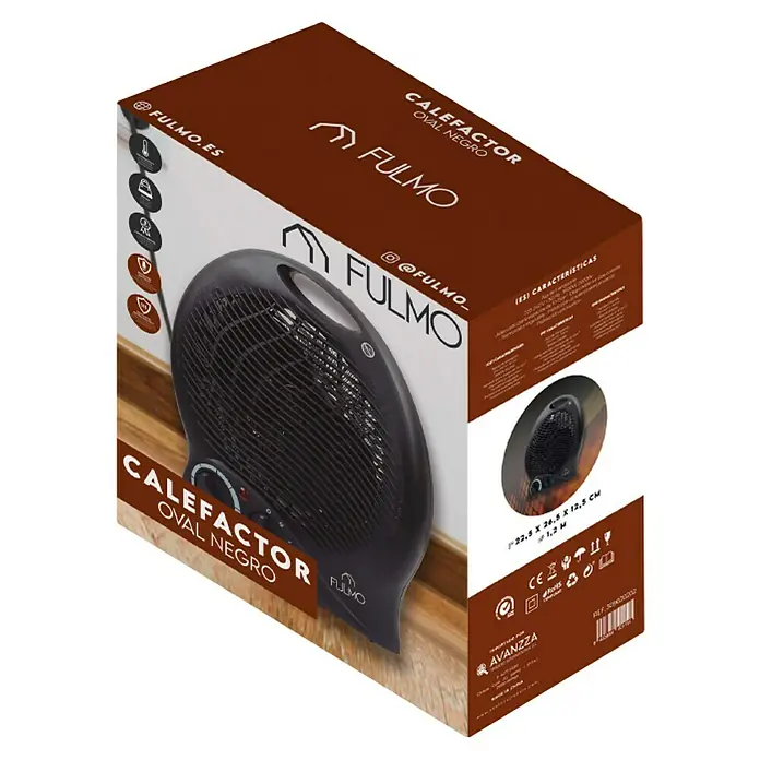 Fulmo Calefactor de aire Oval - 1.800 W, Negro - Imagen de la caja de embalaje para un calefactor negro Fulmo Oval Negro, destacando las características del producto y el diseño de la marca.