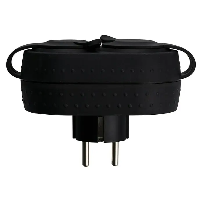 Legrand Ladrón de enchufe - Negro, 250 V, 16 A - Enchufe negro y redondo con asas y tacos para el mercado europeo, aislado sobre un fondo negro.