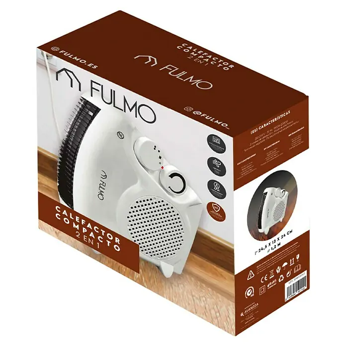 Fulmo Calefactor de aire 2 en 1 - 1.200 W, Blanco - Embalaje del calefactor compacto Fulmo 2 en 1, compacto, potente y versátil para un calor agradable.