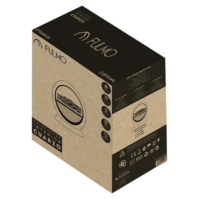 Fulmo Estufa de cuarzo - 18 x 35 x 30,5 cm, 1.500 W, Blanco - Embalaje de un calefactor de interior de cuarzo Fulmo, mostrando detalles del producto y símbolos de la marca.
