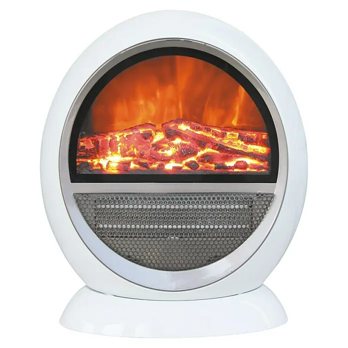 Fulmo Estufa de cuarzo - 18 x 35 x 30,5 cm, 1.500 W, Blanco - Una chimenea eléctrica redonda y blanca con llamas simuladas y función de calefacción, ideal para noches acogedoras.