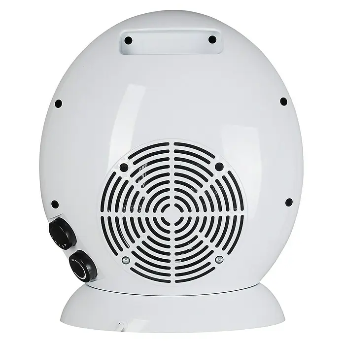 Fulmo Estufa de cuarzo - 18 x 35 x 30,5 cm, 1.500 W, Blanco - Vista trasera de un calentador redondo blanco con rejilla de ventilación y controles, sobre una base blanca a juego.