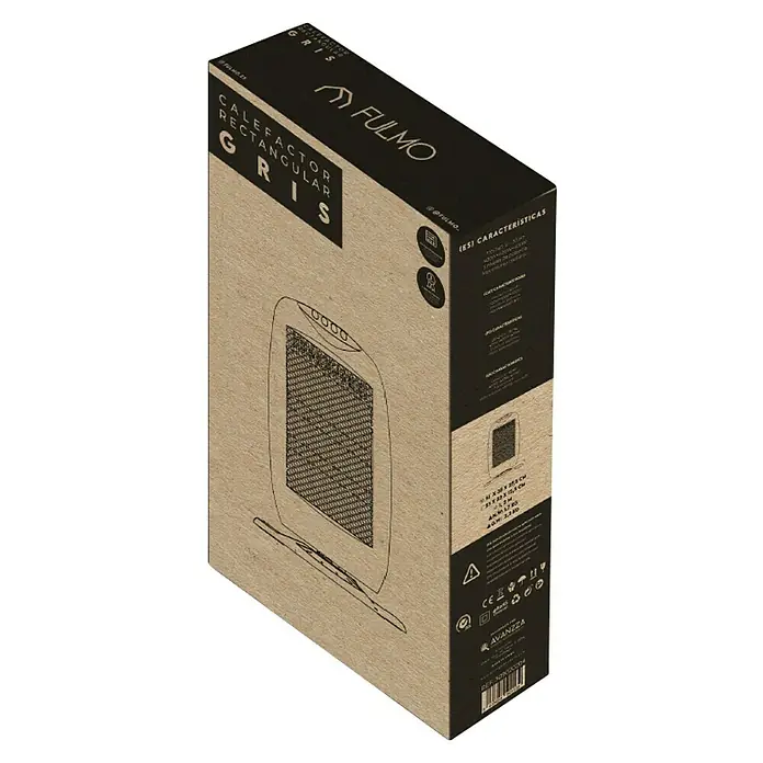 Fulmo Calefactor halógeno rectangular - 27,5 x 32 x 53 cm, 1.200 W, Gris - Embalaje de un calefactor rectangular gris de Fulmo con información del producto y una representación esquemática del dispositivo.