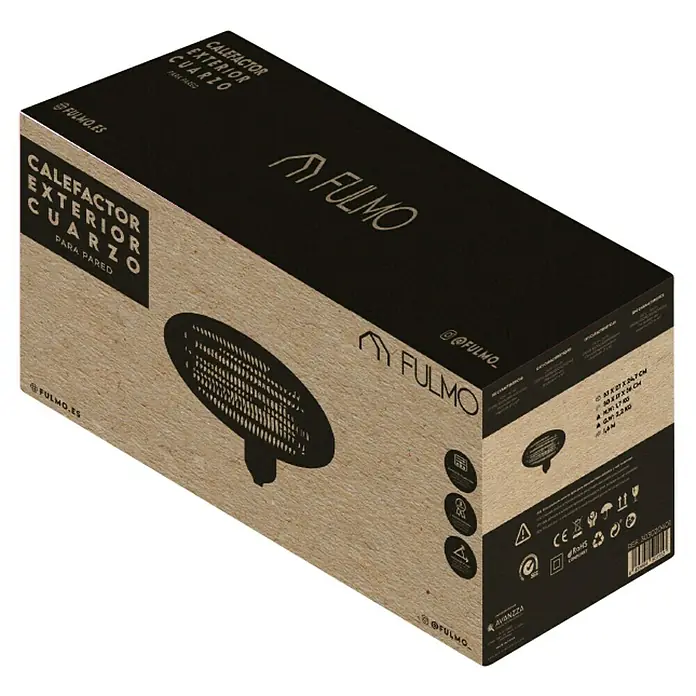 Fulmo Estufa de cuarzo - 17 x 50 x 36 cm, 2.000 W, Negro - Embalaje del producto para un calentador de exterior Fulmo.