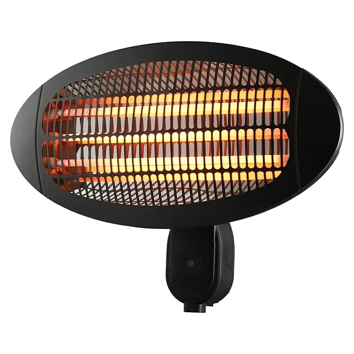 Fulmo Estufa de cuarzo - 17 x 50 x 36 cm, 2.000 W, Negro - Primer plano de un calentador infrarrojo con líneas de rejilla negras y elementos calefactores brillantes.