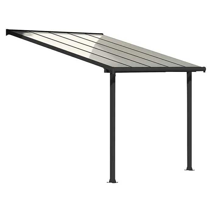 Palram – Canopia Terrassenüberdachung Olympia - B x T: 307 x 300 cm, Anthrazitgrau, Polycarbonat, Transparent - Das Bild zeigt ein Carport mit einer schrägen Dachkonstruktion, die auf zwei stabilen Säulen ruht. Es bietet Schutz vor Witterungseinflüssen.