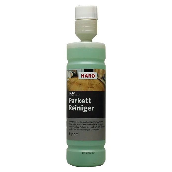 Haro Parkettreiniger Clean & Green intense - 500 ml, Flasche - Bild einer Flasche Haro Parkett Reiniger, ein Reinigungsmittel für Parkettböden und andere Naturböden.