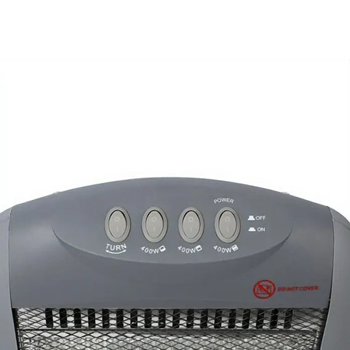 Fulmo Calefactor halógeno rectangular - 27,5 x 32 x 53 cm, 1.200 W, Gris - Primer plano de un calentador con varios botones de control, incluyendo ajustes de potencia y una función de giro.