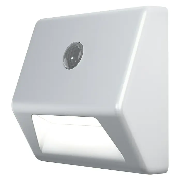 Osram Nightlux LED-Nachtlicht Stair - Silber, 28 x 84 x 73 mm - Nahaufnahme einer weißen LED-Wandleuchte mit Bewegungssensor, die modernes Design und Funktionalität vereint.