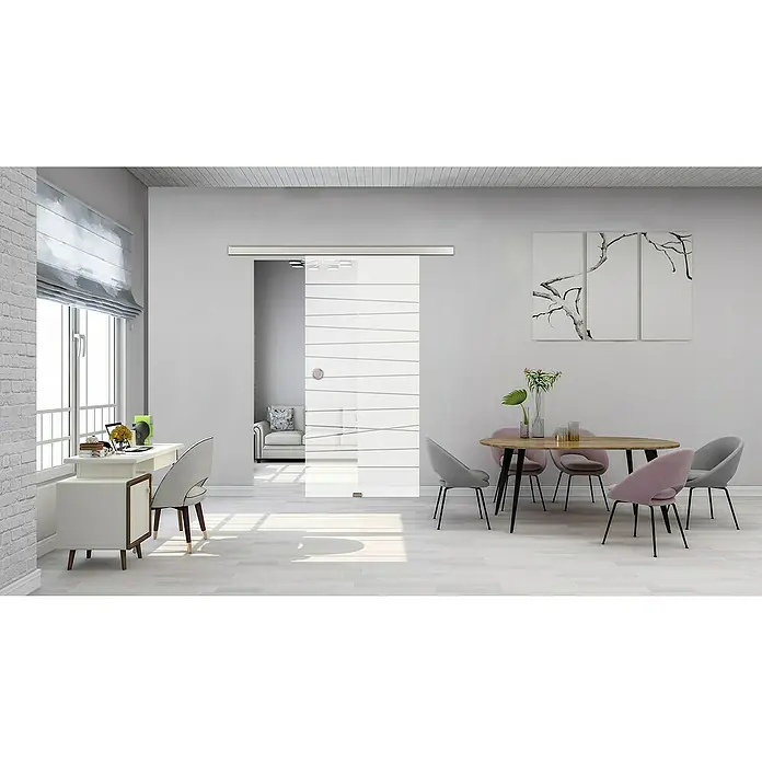 Diamond Doors Glasschiebetür Together - 935 x 2.058 mm, Einscheibensicherheitsglas (ESG) - Helle Innenaufnahme mit einer horizontal gemusterten Glasschiebetür, die ein modernes Raumgefühl vermittelt.