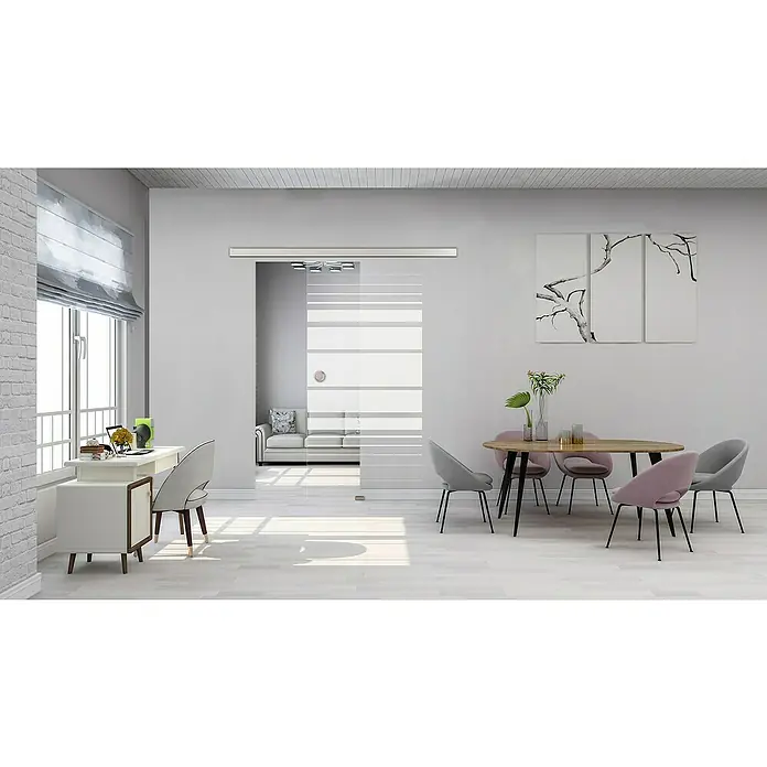 Diamond Doors Glasschiebetür Lines Flowing - 935 x 2.058 mm, Einscheibensicherheitsglas (ESG) - Das Bild zeigt eine moderne Schiebetür mit horizontalen Streifen, die einen hellen und offenen Raum teilt. Perfekt für stilvolle Raumtrennung.