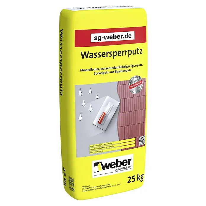 SG Weber Wassersperrputz - 25 kg, Faserarmiert - Wassersperrputz von Weber Saint-Gobain, ein mineralischer Sperrputz für wasserdichte Sockel und Egalisierung, ideal für innen und außen.
