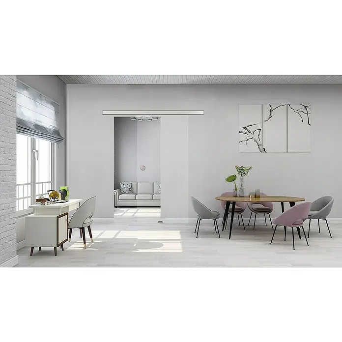 Diamond Doors Glasschiebetür Clear - 935 x 2.058 mm, Einscheibensicherheitsglas (ESG), Klarglas - Ein helles Wohnzimmer mit einem Glasschiebetürsystem, das den Raum optisch vergrößert und gleichzeitig Privatsphäre bietet. Elegantes Design!