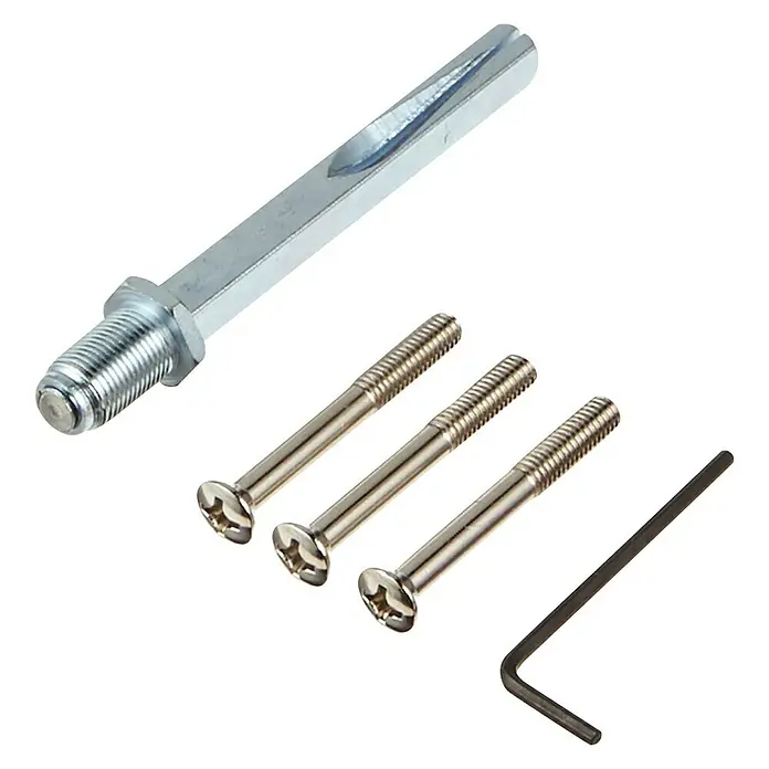 Abus Schutzbeschlag SB 500 - Wohnungsabschlusstür, Aluminium, Knopf außen, Drücker innen, Stärke Tür: 37 mm - 42 mm - Das Bild zeigt ein Set mit einem Montagestift, drei Schrauben und einem Inbusschlüssel, alle in Silber gehalten.