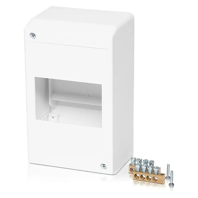 F-tronic Automatenkasten - Anzahl Reihen: 1 Stk., 9,4 x 6,5 cm, Weiß, Anzahl Module: 4 Stk. - Nahaufnahme eines weißen Sicherungskastens mit Schrauben und Klemmenblöcken.