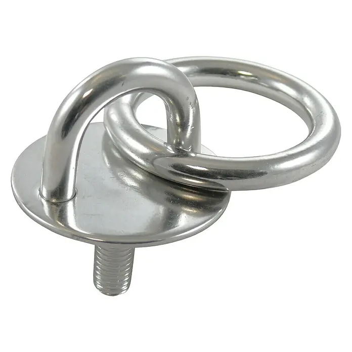 Marinetech Mastplatte mit Gewinde und Ring - Ausstattung: Ring, M 6, Edelstahl, Stahlsorte: A2 - Nahaufnahme eines glänzenden, runden Edelstahl-Befestigungsrings mit einer Schraube für sichere Installation.