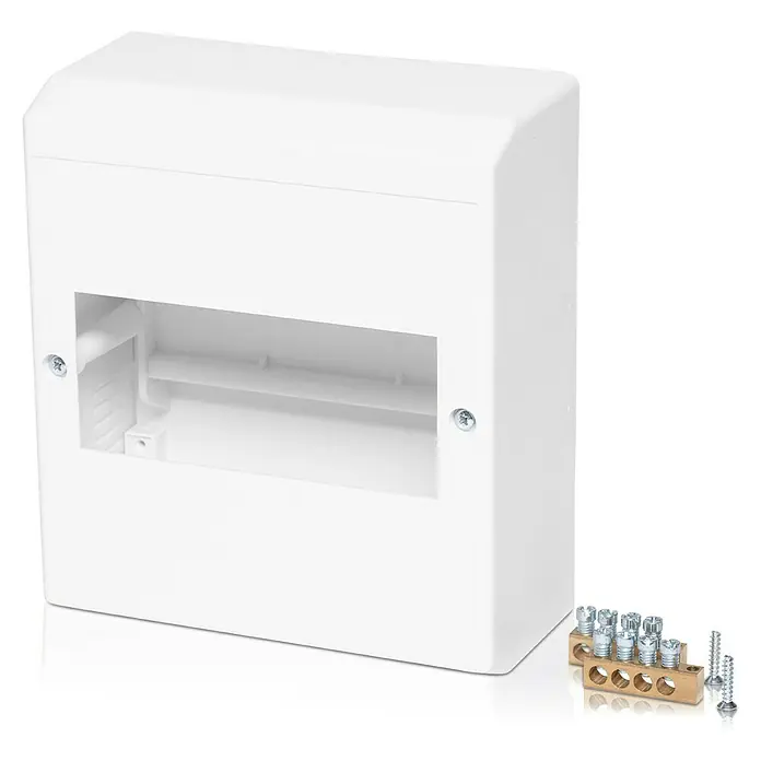 F-tronic Automatenkasten - Anzahl Reihen: 1 Stk., 14 x 6,5 cm, Weiß, Anzahl Module: 6 Stk. - Aufnahme einer weißen, leeren Verteilerkasten mit Klemmenleiste, die zur Elektroinstallation verwendet wird.