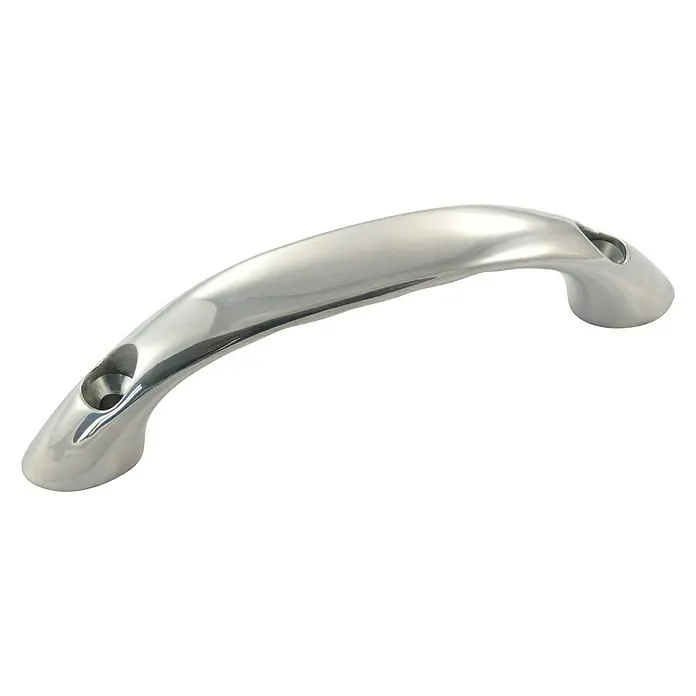Marinetech Handgriff - L x H: 124 x 32 mm, Edelstahl, A4 - Ein glänzender, gebogener Edelstahlgriff mit Befestigungslöchern, ideal für Möbel oder Boote.