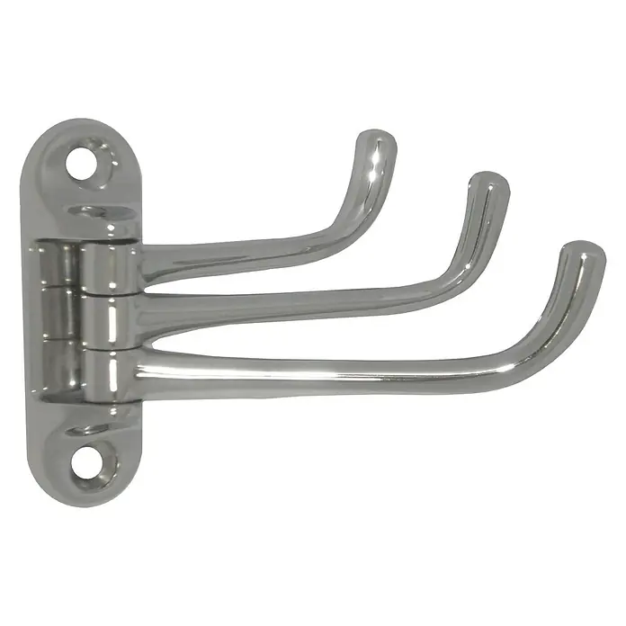 Marinetech Kleiderhaken - L x B x H: 106 x 25 x 75 mm, Edelstahl, A4 - Nahaufnahme eines silberfarbenen, dreifachen Kleiderhakens zur Wandmontage, ideal für Badezimmer oder Flur, der Ordnung und Stil vereint.