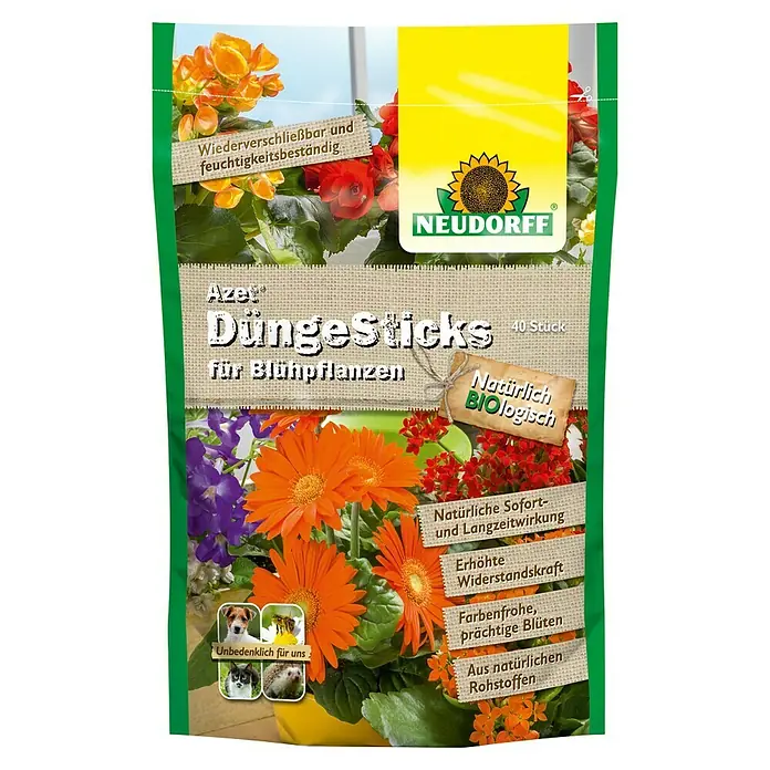 Neudorff Azet Blühpflanzen-Düngestäbchen I - 40 Stk. - Produktbild von Neudorff Azet Düngestäbchen für Blühpflanzen, 40 Stück, mit Blumenbild und Hinweisen auf biologische Inhaltsstoffe.