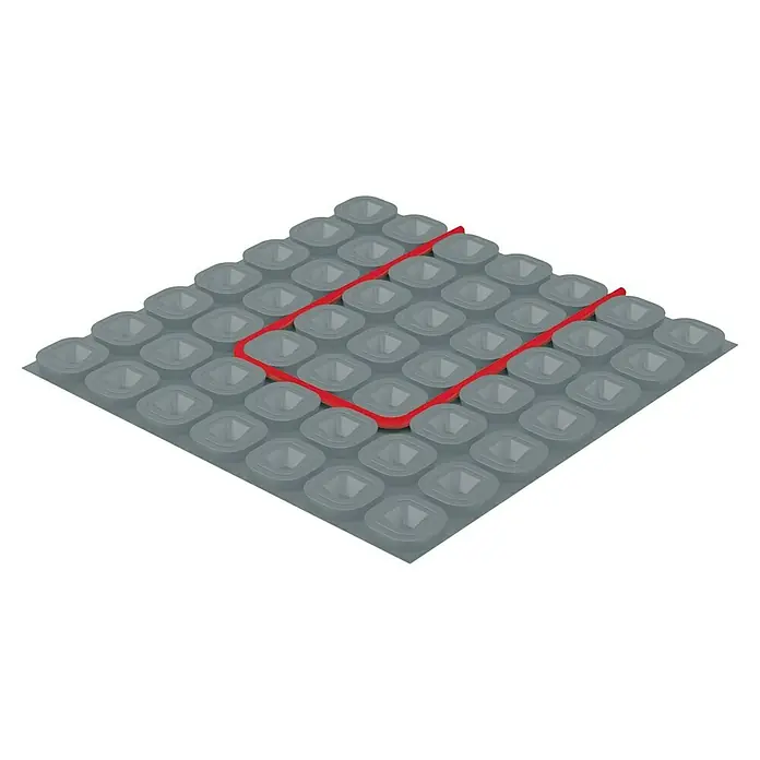 Jollytherm Fußbodenheizung Terra-Heat - B x L: 1 x 15 m, 1.650 W, Beheizbare Fläche: 10 m² - Graue Massagematte mit einem roten Rechteck darauf, ideal für Fußreflexzonenmassagen und Entspannung.