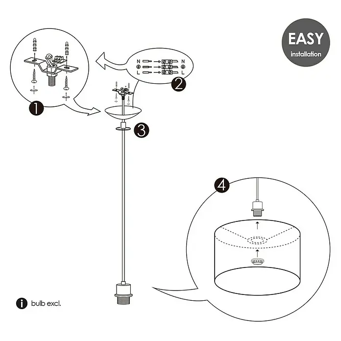 Home Sweet Home Pendelleuchte rund Basic - 10 W, Ø x H: 11 x 100 cm, Silber, E27 - Eine schematische Darstellung der einfachen Installation einer Pendelleuchte, die die einzelnen Montageschritte zeigt.