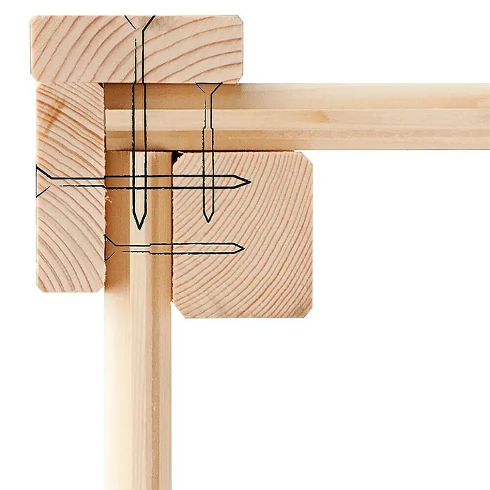 Karibu Gartenhaus Askola 5 - Außenmaß inkl. Dachüberstand (B x T): 591,5 x 262 cm, Holz, Natur, Mit Seitendach, Rück- und Seitenwand - Detailaufnahme eines Holzrahmens, der mit Nägeln verbunden ist, zeigt die Konstruktionsdetails und die natürliche Holzmaserung.