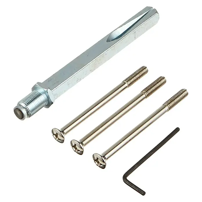 Abus Schutzbeschlag SB 600 - Hauseingangstür, Knopf außen, Drücker innen, Stärke Tür: 67 mm - 72 mm - Ein Satz von Montageteilen mit einem Verlängerungsstück, Schrauben und einem Inbusschlüssel, die auf einem weißen Hintergrund liegen.