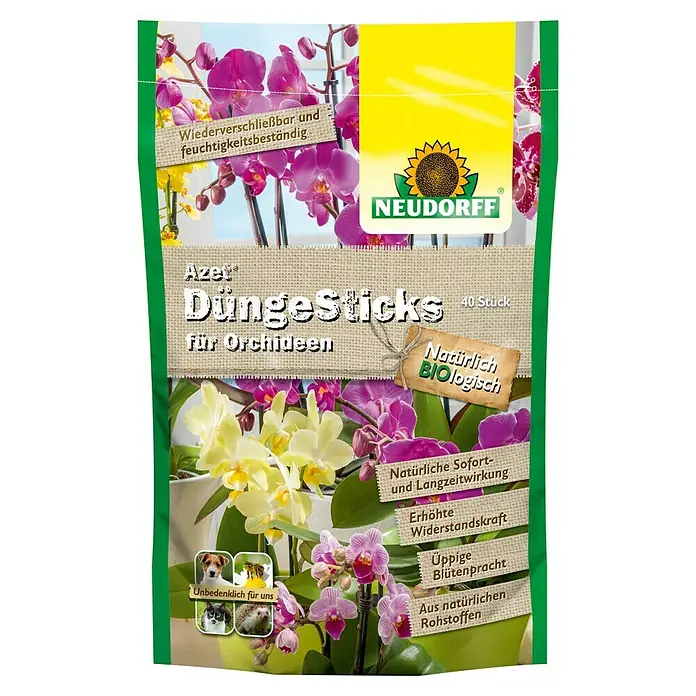 Neudorff Azet Blühpflanzen-Düngestäbchen Orchideen I - 40 Stk. - Produktverpackung: Azet Düngesticks für Orchideen, ein biologischer Langzeitdünger für üppige Blüten und erhöhte Widerstandskraft.