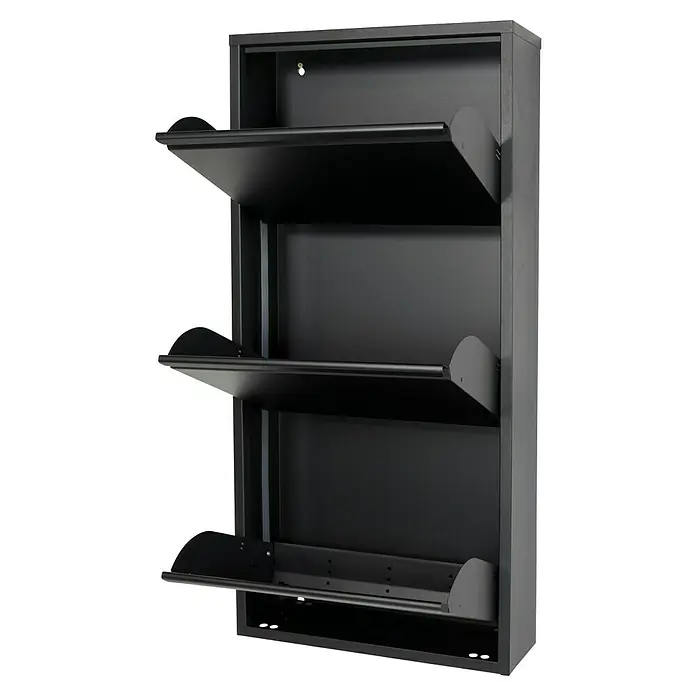Spinder Design Schuhschrank Billy 3 - L x B x H: 15,5 x 50 x 103 cm, Schwarz - Schwarzer Schuhschrank zur Wandmontage mit drei Kippfächern. Praktische Aufbewahrungslösung für Schuhe, platzsparend und stilvoll.