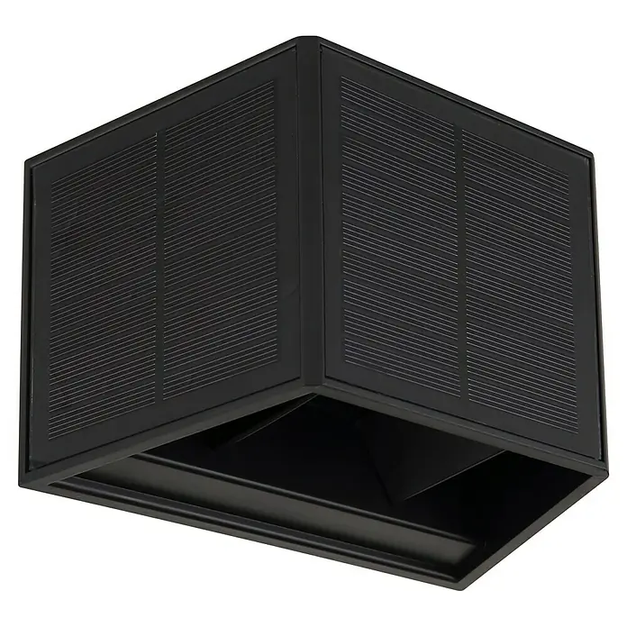 Globo Solar-Außenwandleuchte - 6 W, L x B x H: 16 x 10 x 10,5 cm, Schwarz, IP54 - Schwarzer, würfelförmiger Deckenventilator mit horizontalen Linien auf den Seitenflächen für eine moderne Optik.